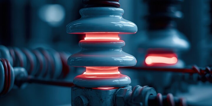 Inspection of glowing insulator in industrial setting.