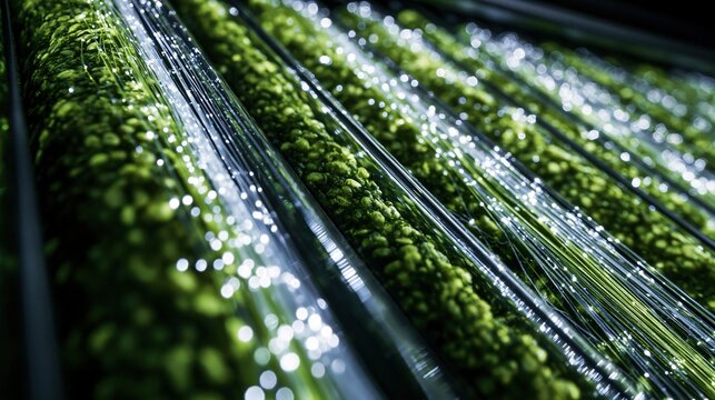Green Fiber Optic Cables in Close-Up View