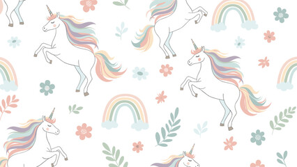 Obraz premium Whimsical seamless pattern featuring white unicorns colorful rainbows flowers and green leaves on a white background.