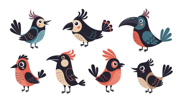 Set of colorful and stylized cartoon birds with expressive features in various poses on a clean white background.