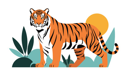 Fototapeta premium Majestic tiger standing in a landscape with green plants and a large yellow sun in the background.