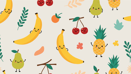 Obraz premium Cute seamless pattern featuring happy fruit characters like bananas, pears, cherries, and pineapples with smiling faces.