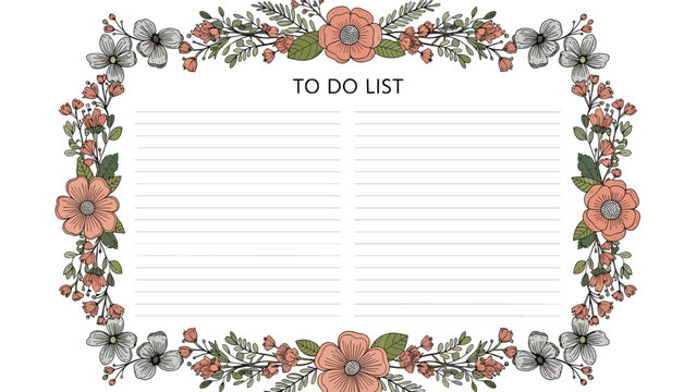 Blank to do list template with two columns and a beautiful floral frame made of pink and grey flowers.