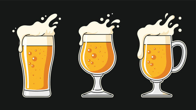Three different types of beer glasses filled with golden lager and overflowing with white frothy foam on a black background.