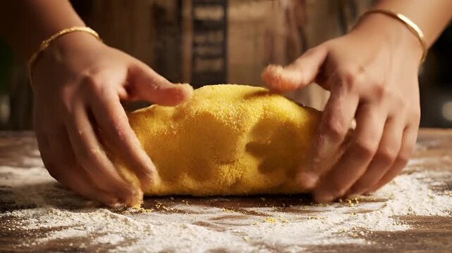 Closeup of Hands Kneading Dough on a Floured Wooden Surface 1.