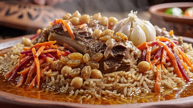 Delicious Central Asian Pilaf with Lamb Chickpeas and Carrots.