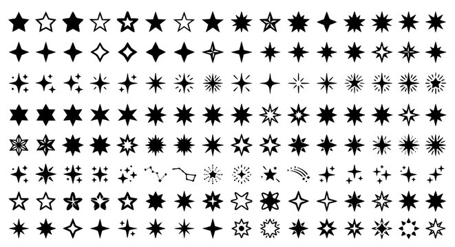Sparkle star icon collection with black celestial vector shapes