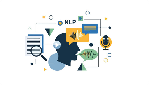 Conceptual illustration of Natural Language Processing (NLP) and speech recognition technology with data analysis and communication elements.