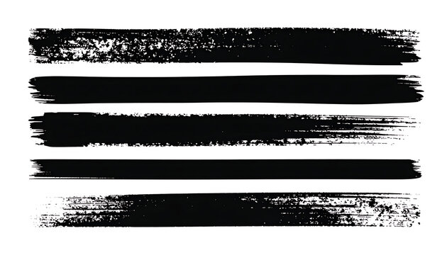 Collection of four black distressed brush stroke lines isolated on white background, grunge texture elements for design