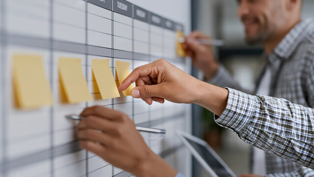 Office staff planning schedule with sticky notes on wall calendar