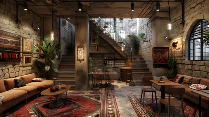 Obraz premium A rustic interior lounge featuring comfortable orange velvet sofas, patterned area rugs, wooden tables, and soft warm ambient lighting fixtures