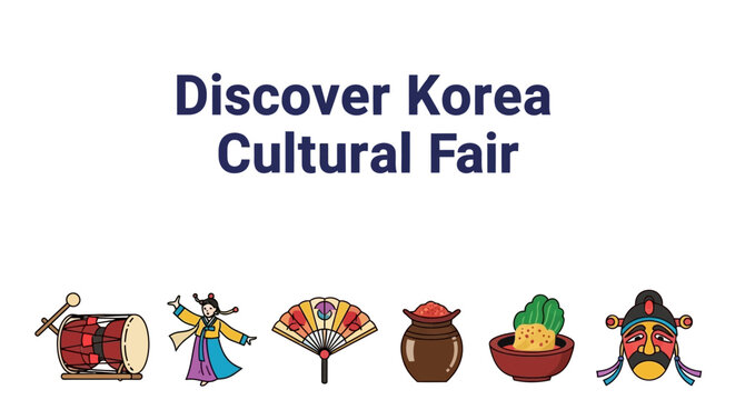 Discover Korea Cultural Fair banner with traditional Korean icons including drum dancer fan jar kimchi and mask.
