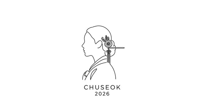 Minimalist line art illustration of a Korean woman in traditional hanbok for Chuseok 2026.
