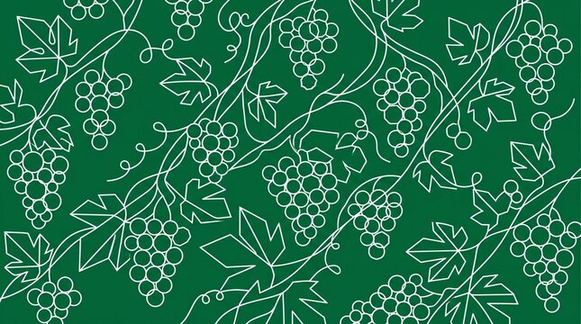 Seamless pattern of white grape vines and leaves on a green background