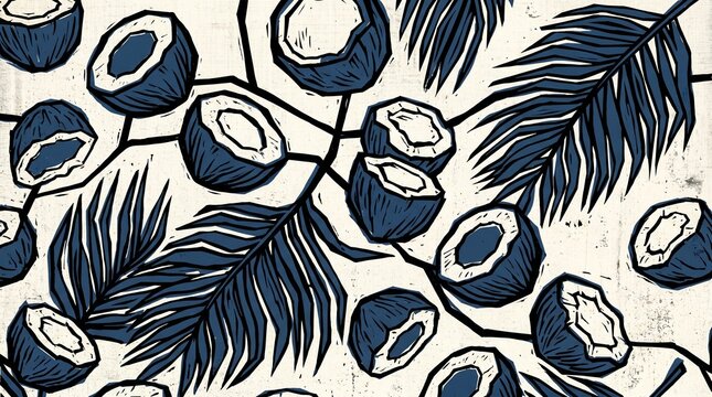 Stylized Coconut and Palm Leaf Pattern in Blue and White Woodcut Style