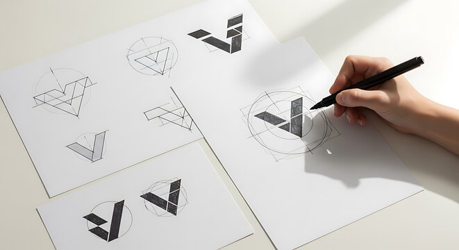 Logo sketches and design process with a hand drawing a geometric shape on paper