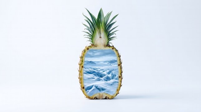 A pineapple with a scenic ocean view inside its body stands alone indoors.