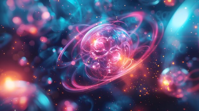 Glowing subatomic particle structure features vibrant pink and cyan light trails with intense spherical energy patterns in a dark space