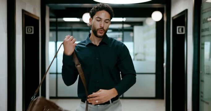 Dance, celebrate and business man in hallway for good news, career success or new job. Excited, happiness and person walking with confidence for achievement, opportunity or work promotion in company
