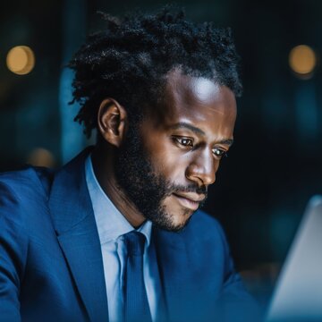 スーツを着てパソコンに集中する男性のアップ。ビジネスや仕事のシーンに使える人物写真。