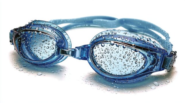 Blue Swimming Goggles Wet and Shiny on White Surface