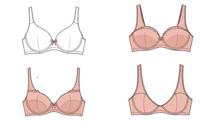 Four illustrations of women's lingerie bras are shown in different colors and designs. © Stock Image Paradise