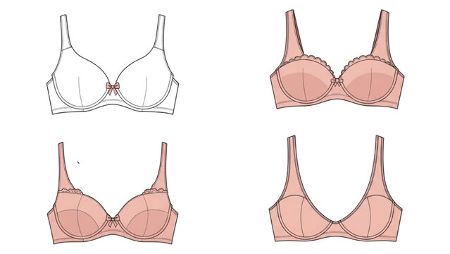Four illustrations of women's lingerie bras are shown in different colors and designs.