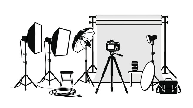 Professional photography studio setup with lighting equipment and camera on tripod.