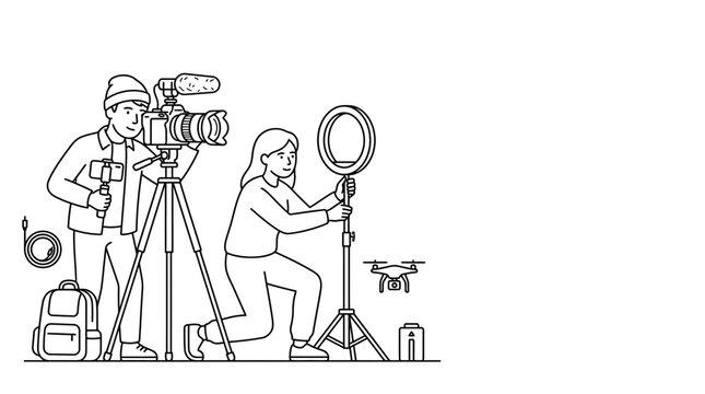 Professional videographers setting up video production equipment for content creation.
