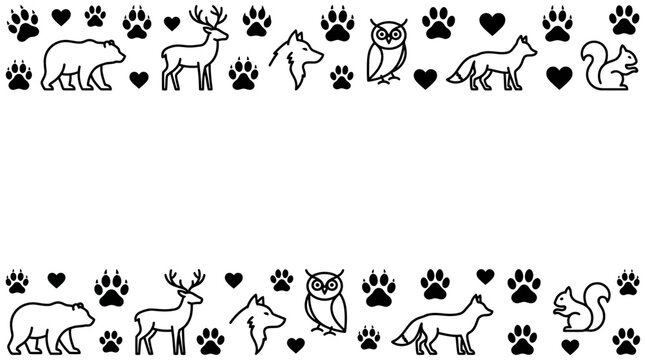 Seamless border frame pattern with woodland animals and paw prints.