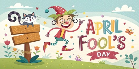 Fototapeta premium April Fools Day festive banner with clown hats magic tricks and playful holiday decorations