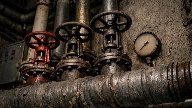 Rusty pipeline system in factory or boiler room