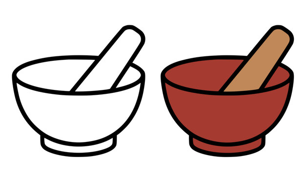 Mortar and pestle minimalist icon, in line art and colored design, for coloring page