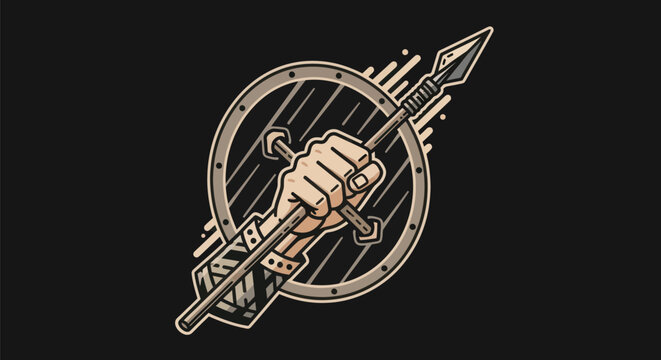 Arm holding spear and shield illustration