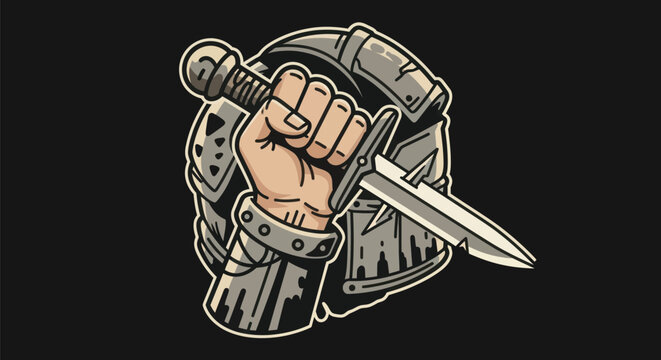 Armored hand holding sword illustration