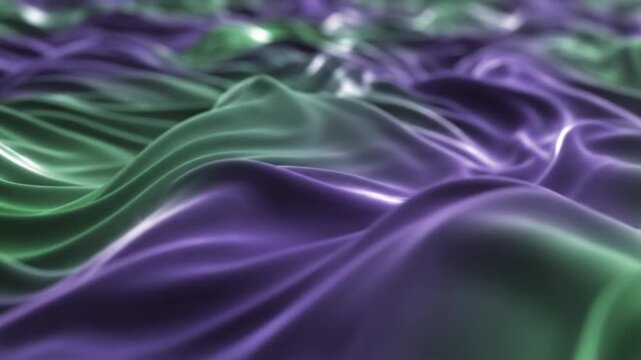 Macro view of a rippling liquid-like surface with undulating waves of purple and green hues, showing a glossy satin texture, soft bokeh background, and reflective highlights.