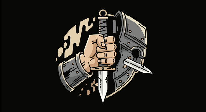 Armored hand with sword and helmet