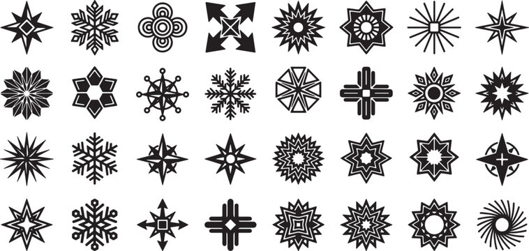 Collection of Black Geometric Starburst Icons and Snowflake Symbols Vector Set