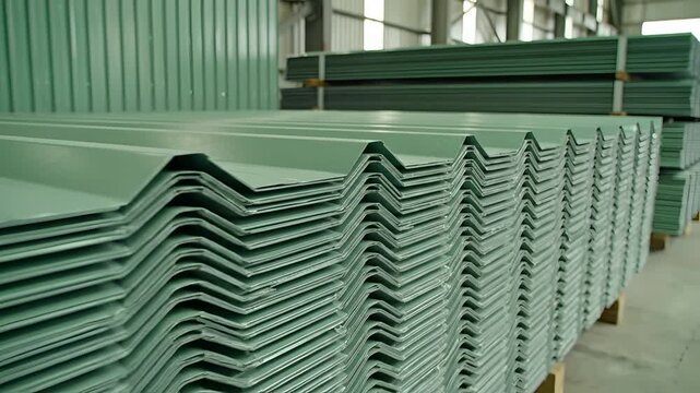 Stack of Green Corrugated Metal Roofing Sheets in Warehouse Storage.