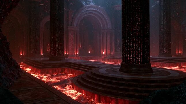 Pluto in an empty monumental throne chamber carved from volcanic rock and Roman marble, rivers of molten lava beneath stone platforms, obsidian pillars with faint glowing inscriptions, ash-filled cine