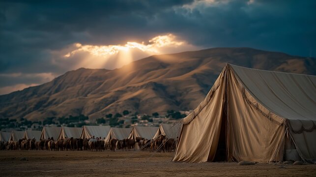 At the center of the camp, the Tabernacle stands beneath a rising cloud, as Israel prepares to move in obedience, gathering tents, herds, and banners under the desert sky.

