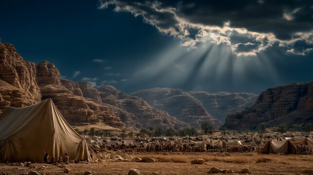 At the center of the camp, the Tabernacle stands beneath a rising cloud, as Israel prepares to move in obedience, gathering tents, herds, and banners under the desert sky.
