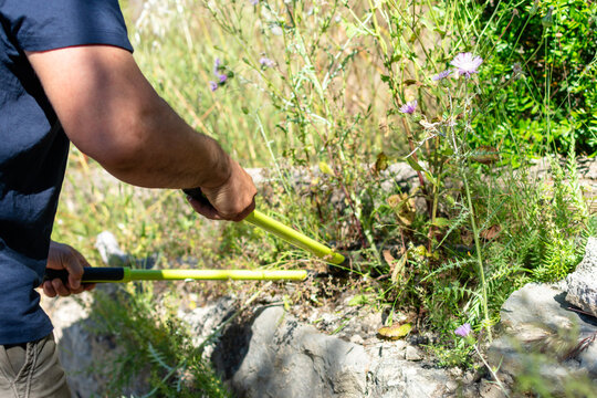 Hands with garden shears cutting grass close up outdoors