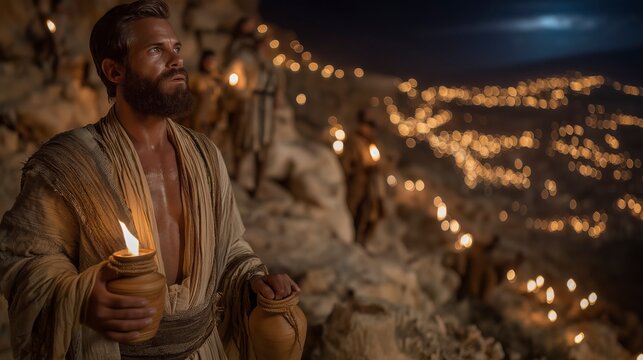 Gideon and the Three Hundred reveal how divine victory rises through obedience and courage as flickering torches overcome fear beneath the darkness of impossible odds.
