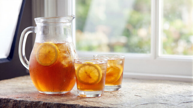 A glass pitcher and two glasses filled with cold iced tea and yellow lemon slices sit on a rustic stone counter near a bright window, evoking a refreshing atmosphere during a sunny day.