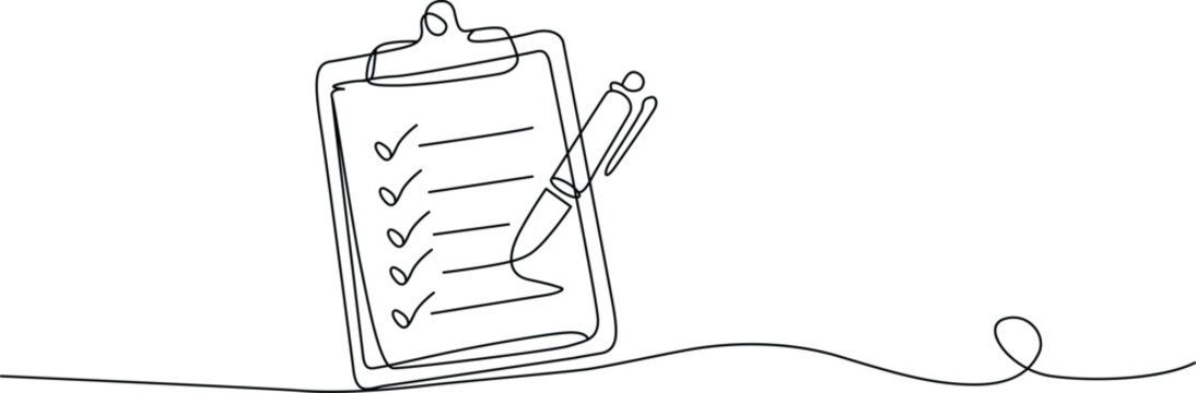Clipboard with checklist and pen in continuous line style