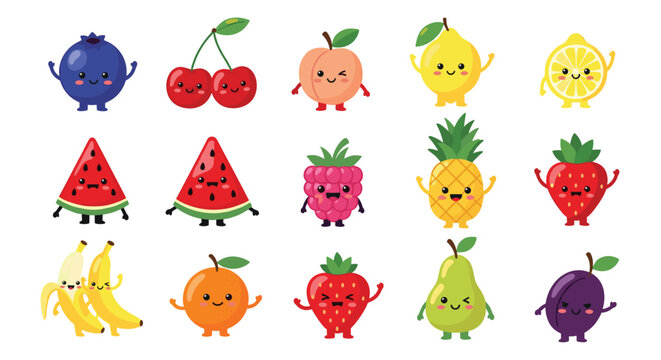 Collection of adorable fruit characters with cute faces including berries, citrus, melons, and tropical fruits in a playful style.