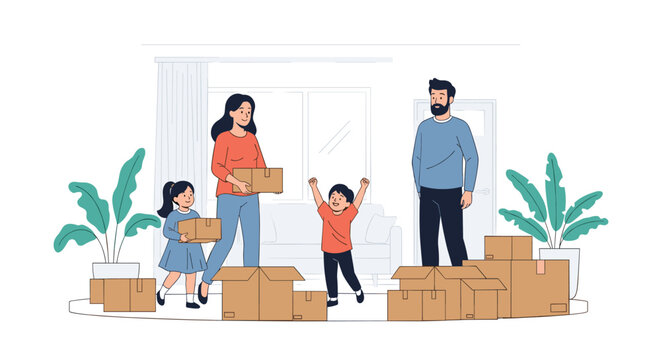 Excited family with two children celebrating as they move into their new home surrounded by numerous cardboard packing boxes.