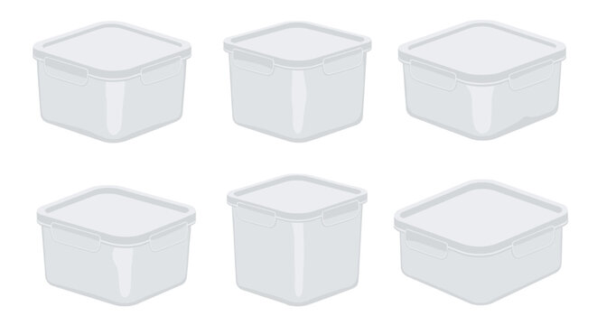 Collection of empty clear plastic food storage containers in various square shapes with locking lids for kitchen organization.