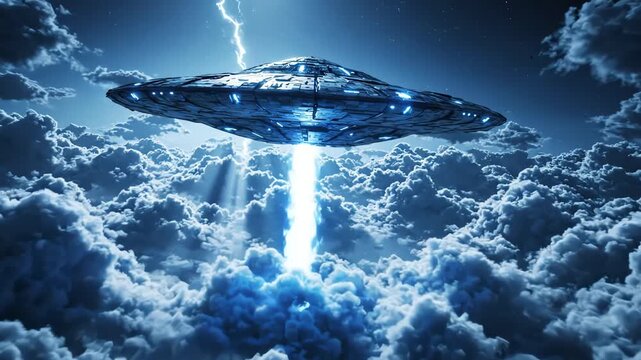 Futuristic UFO descending through dramatic clouds with a bright energy beam. Science fiction alien spaceship invasion concept.
